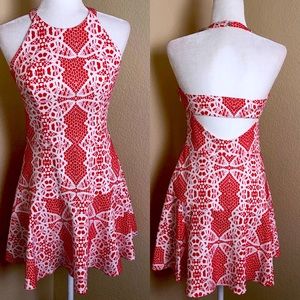 Parker Dress Red Whit Floral Print Skater halter S